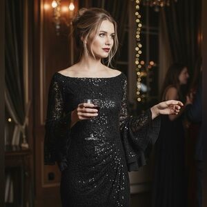 Lauren Ralph Lauren Black Lace Sequin Goth Maxi Dress 8 dark romance ethereal